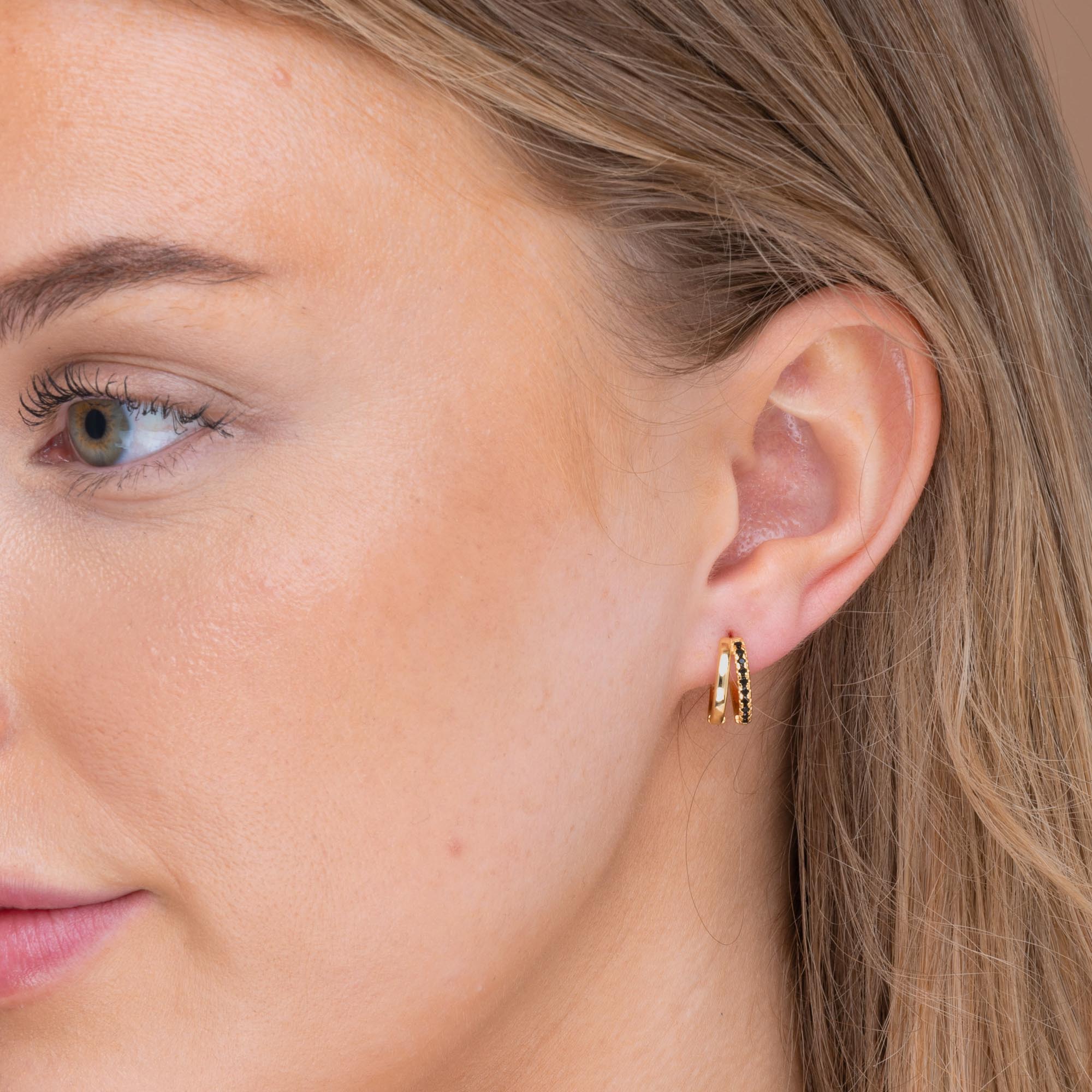 Black Double Zirconia Huggie Hoop Earrings
