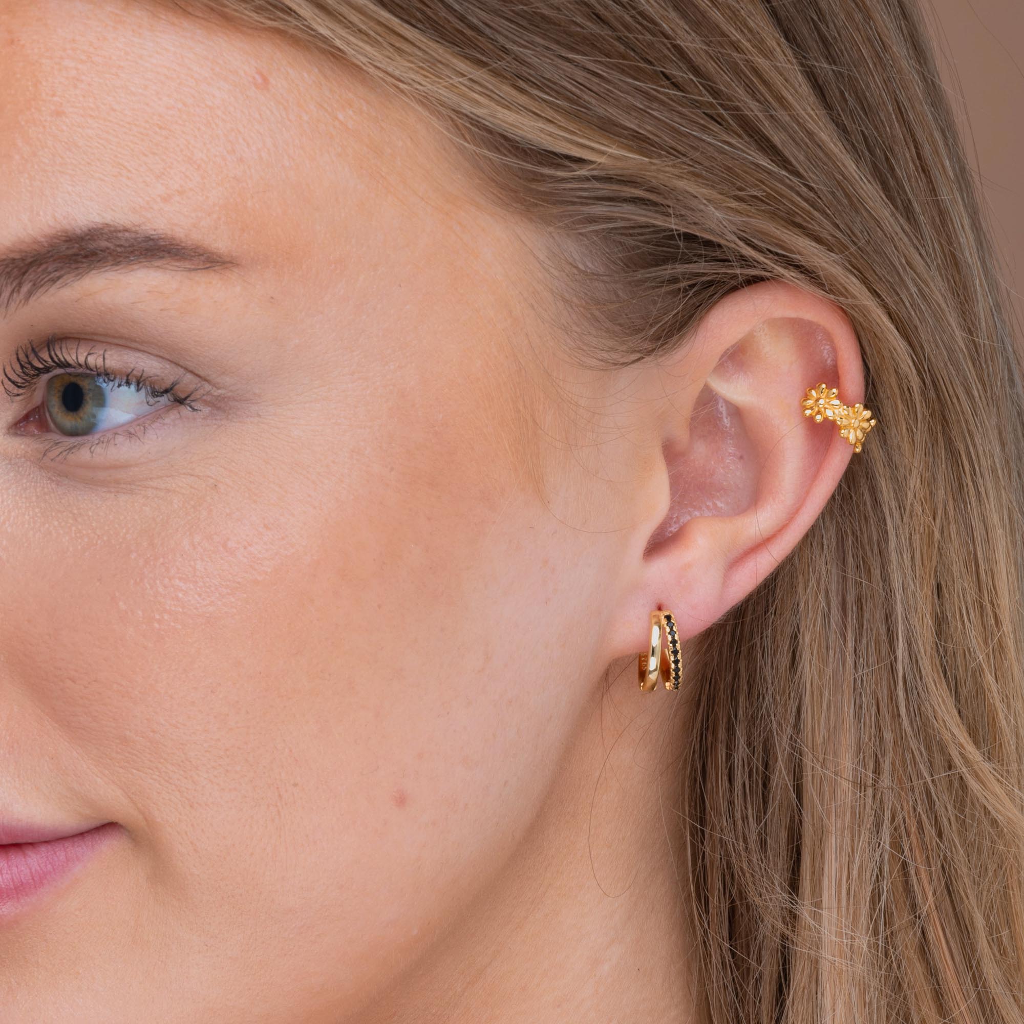 Black Double Zirconia Huggie Hoop Earrings
