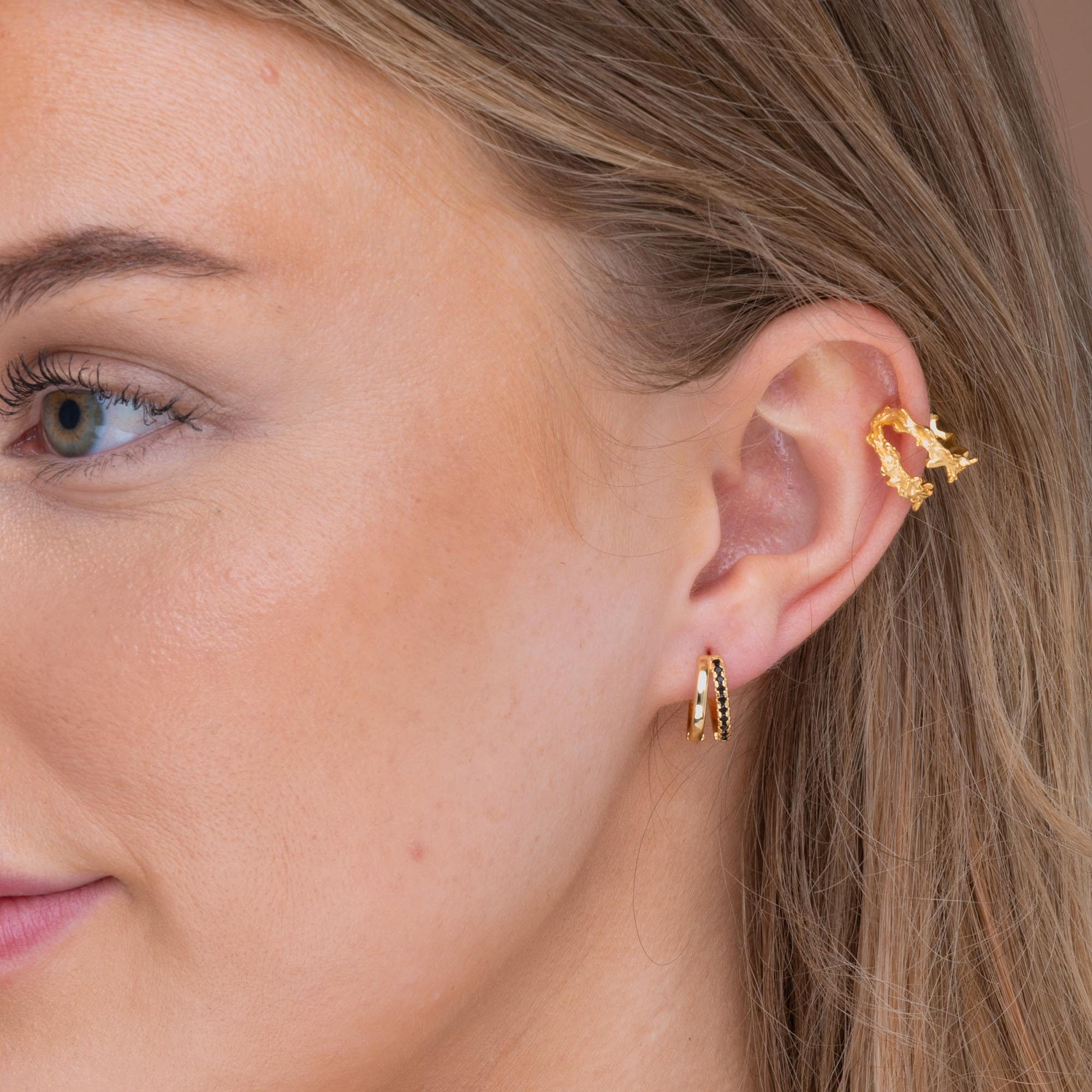 Black Double Zirconia Huggie Hoop Earrings