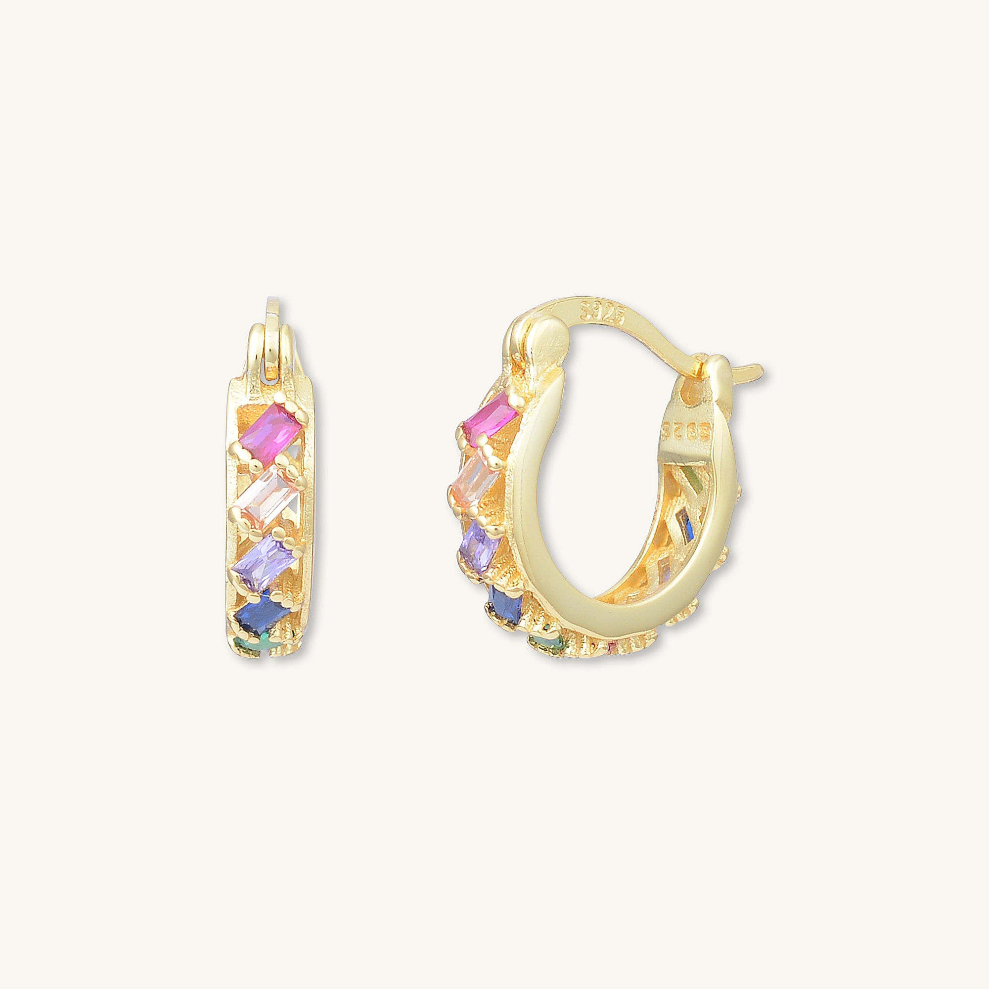 Rainbow Baguette Sapphire Hoop Earrings