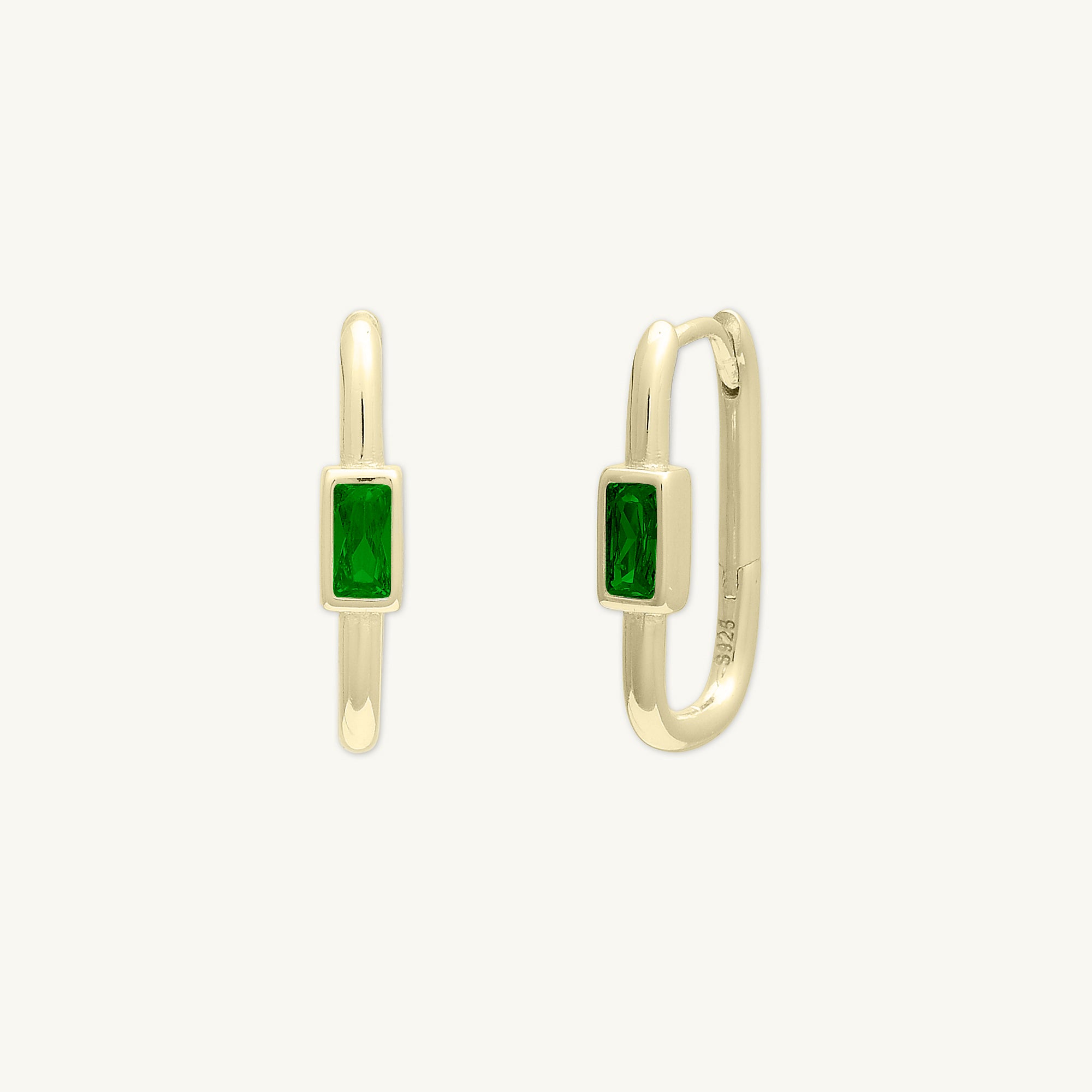 Emerald Long Baguette Huggie Hoops Earrings