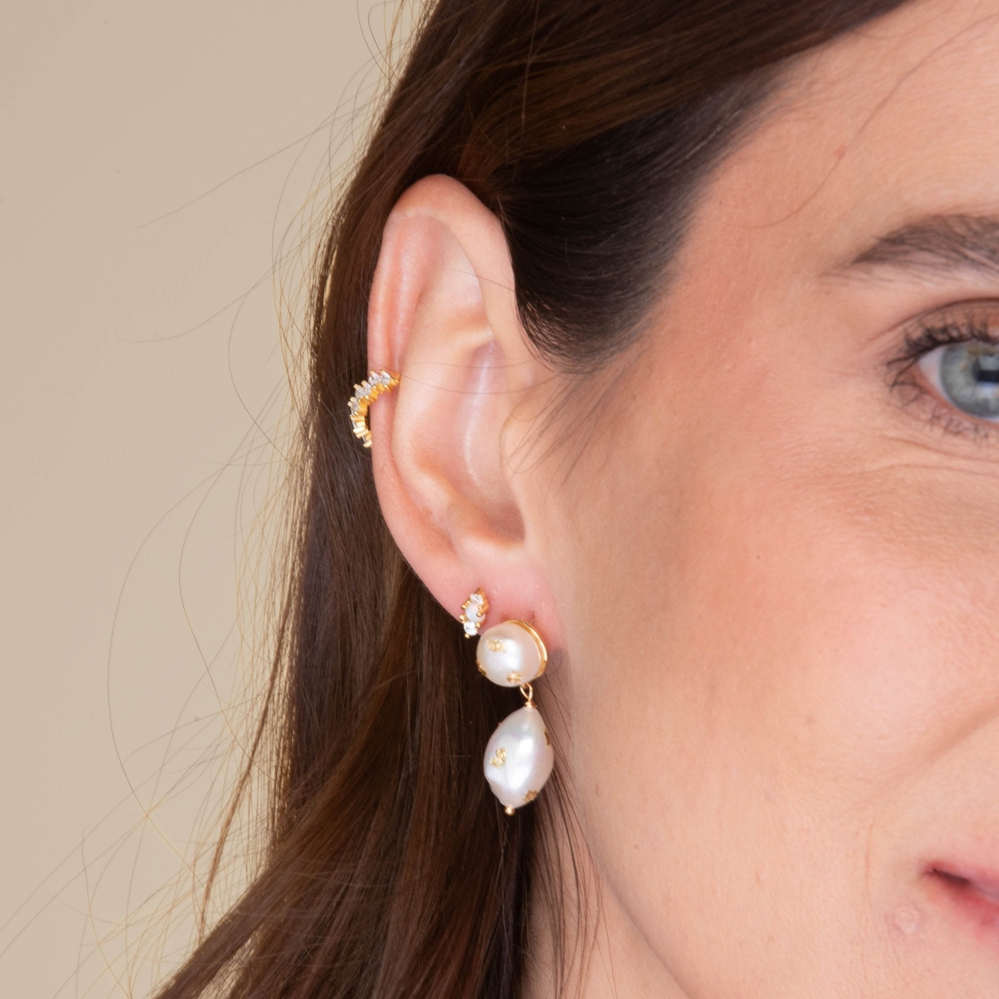 Double Pearl Gold Flake Stud Earrings - Camile & Stone