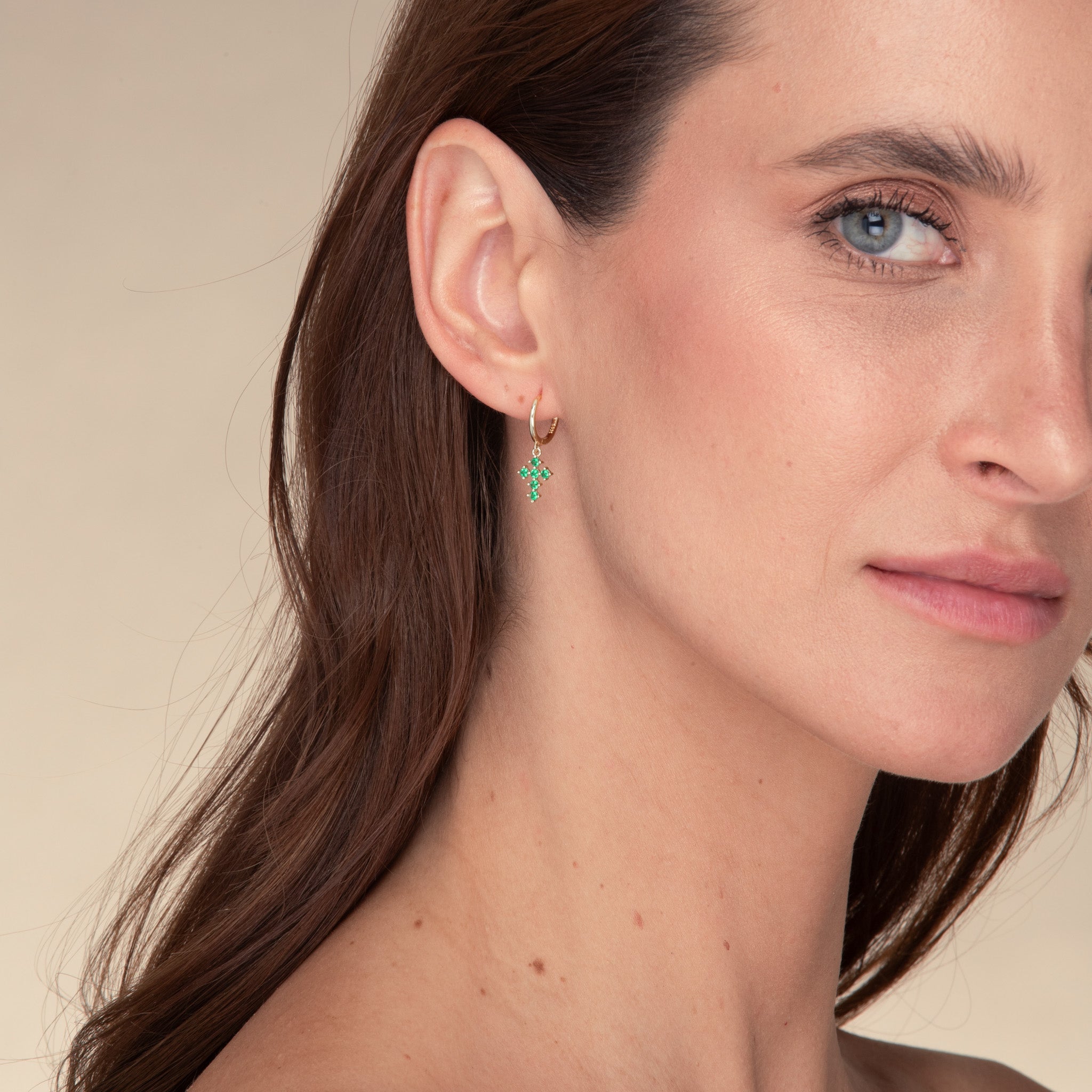 Emerald Cross Zirconia Huggie Earrings - Camile & Stone
