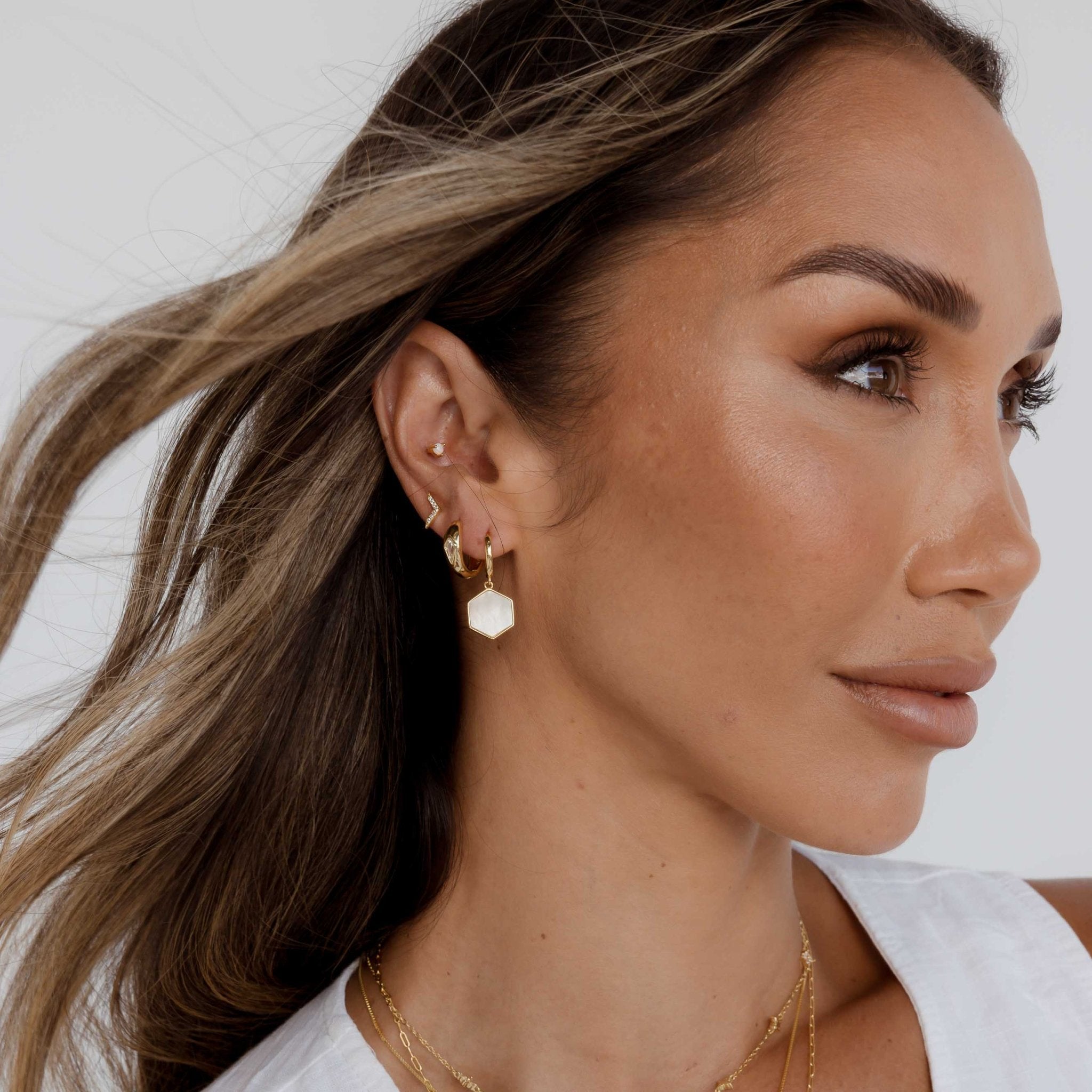 Hexagon Mother Of Pearl Huggie Earrings - Camile & Stone