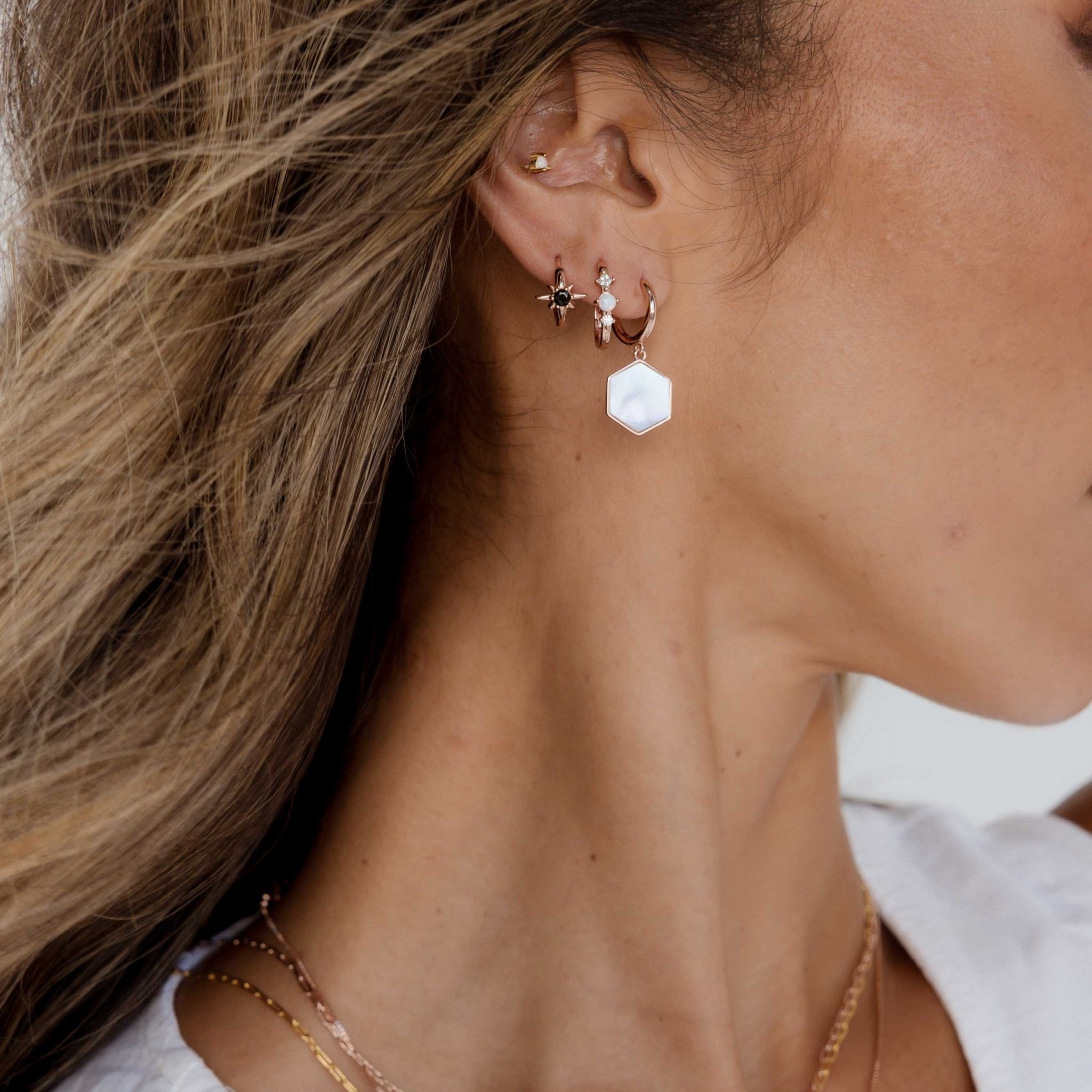 Hexagon Mother Of Pearl Huggie Earrings - Camile & Stone