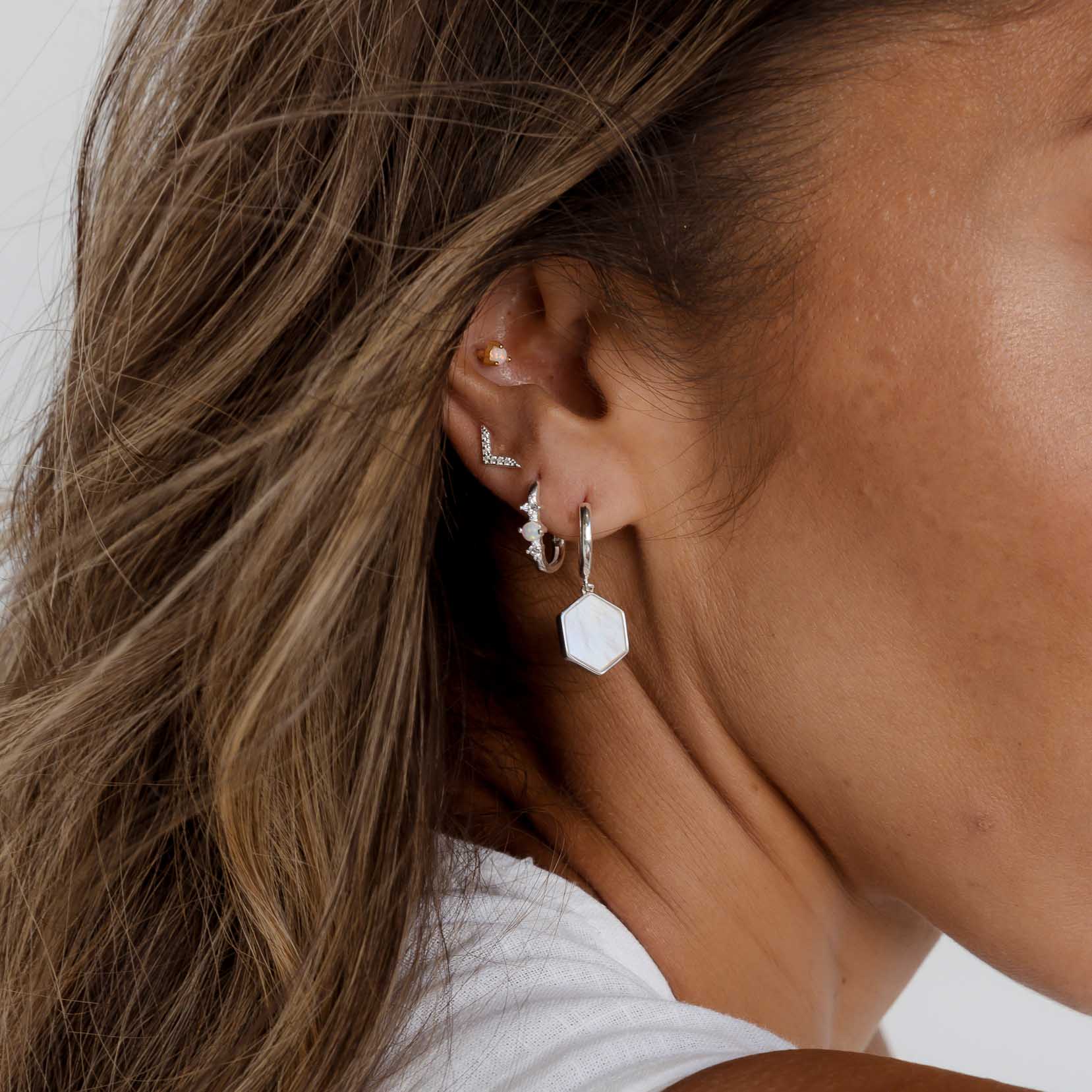 Hexagon Mother Of Pearl Huggie Earrings - Camile & Stone