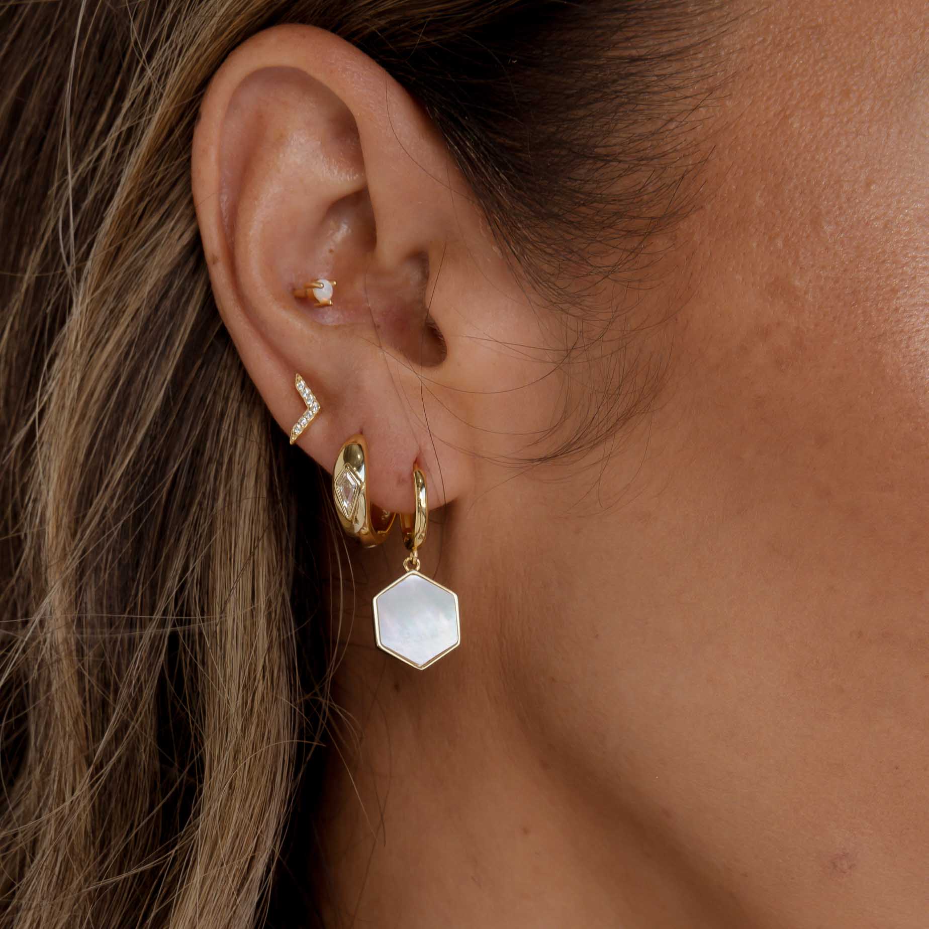 Hexagon Mother Of Pearl Huggie Earrings - Camile & Stone