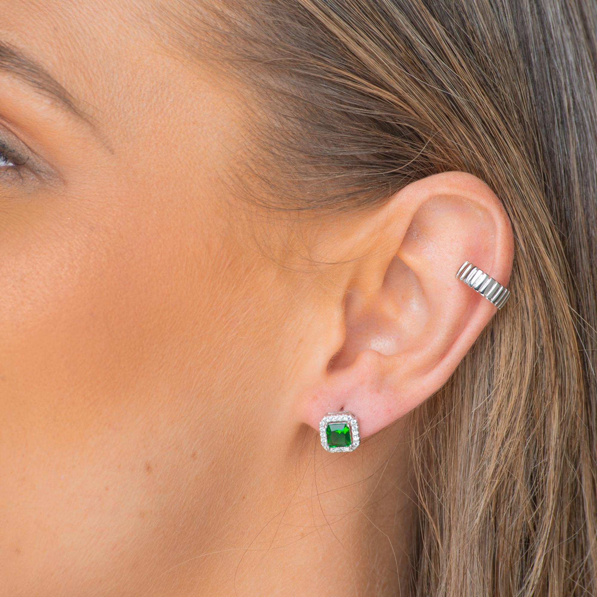 Emerald Square Pave Halo Stud Earrings