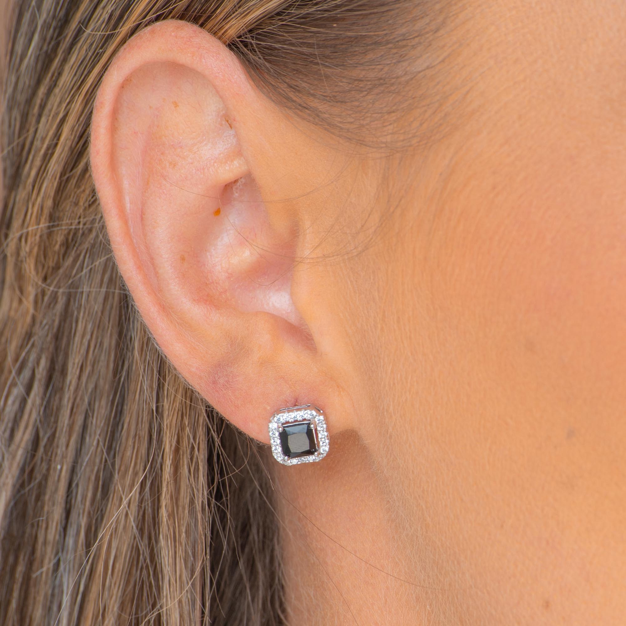 Black Square Pave Halo Stud Earrings