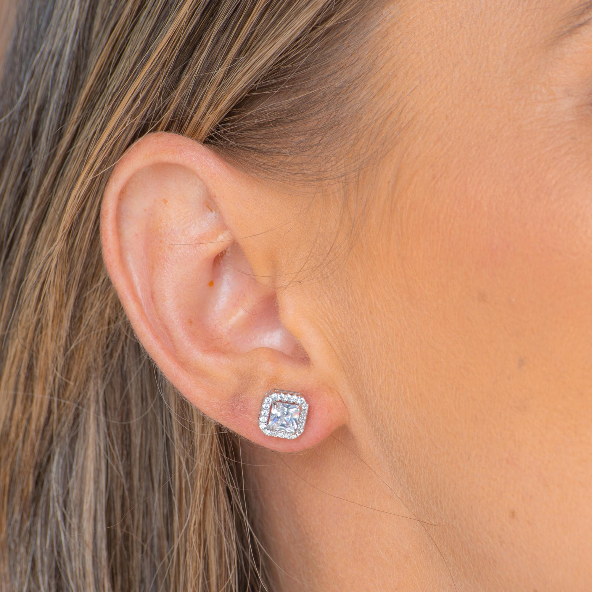 Square Pave Halo Stud Earrings