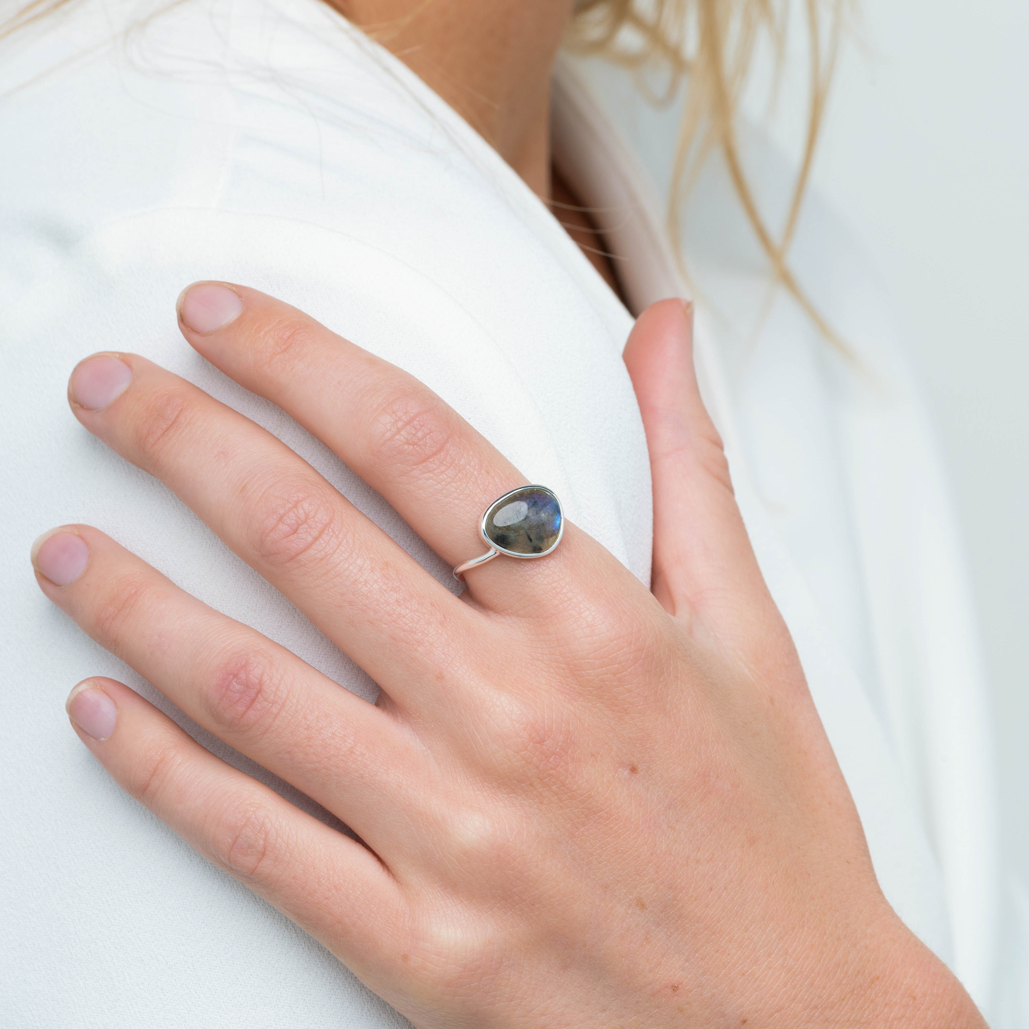 Black Moonstone Oval Statement Open Ring