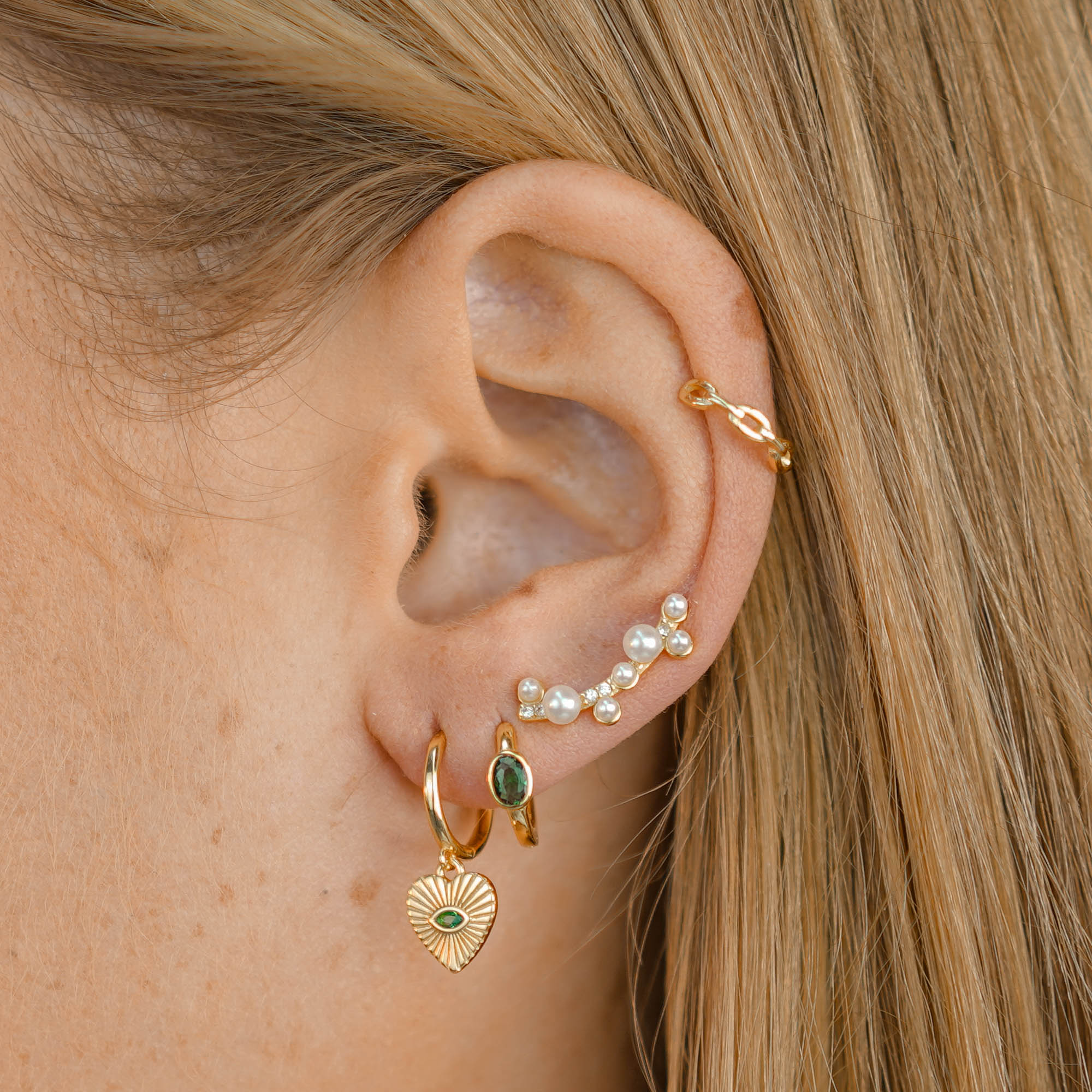 Emerald Evil Eye Heart Huggie Hoop Earrings