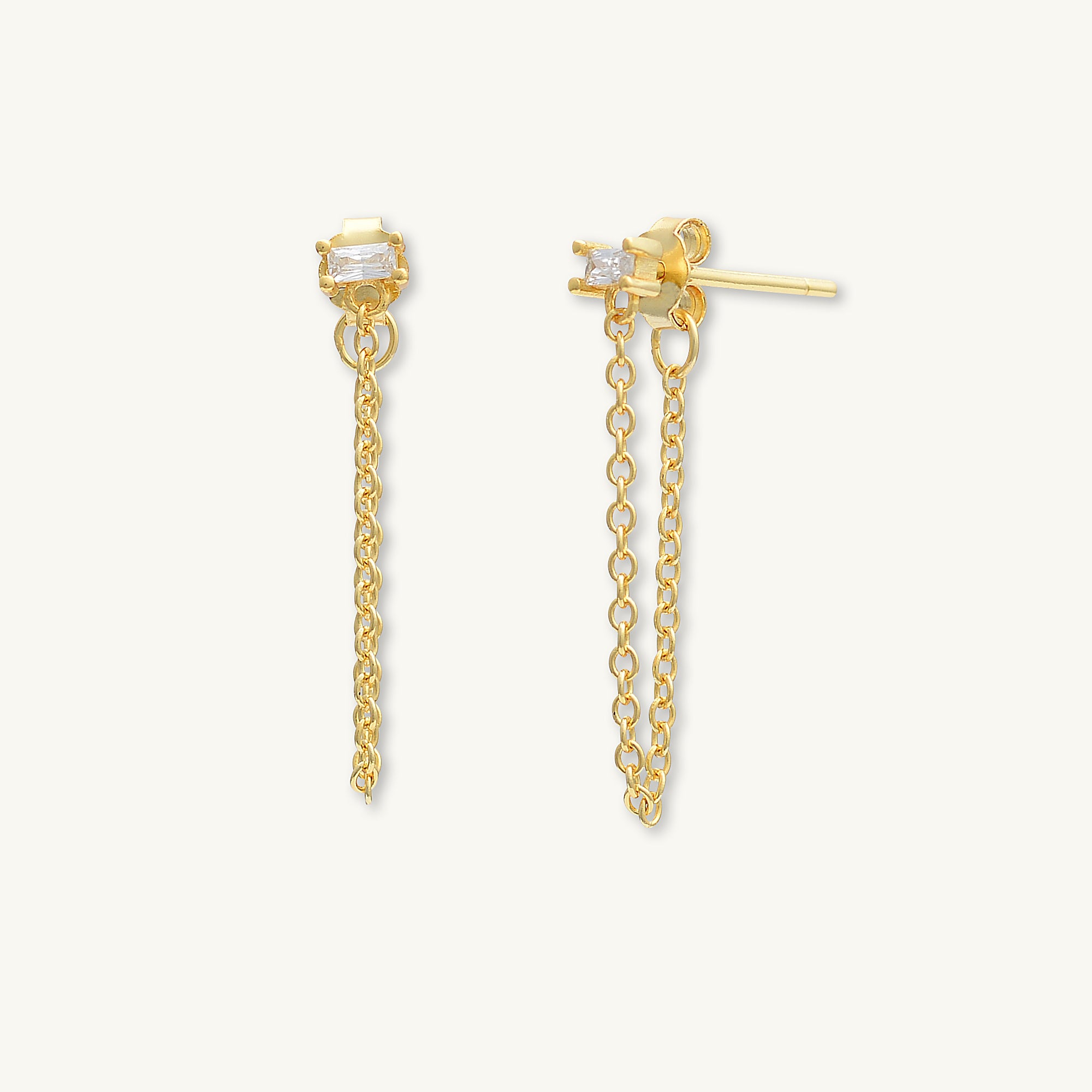 Baguette Chain Drop Stud Earrings