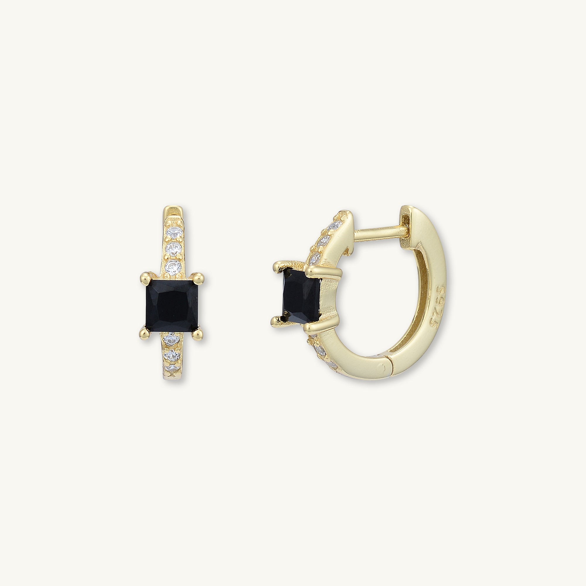 Black Square Sapphire Huggie Earrings