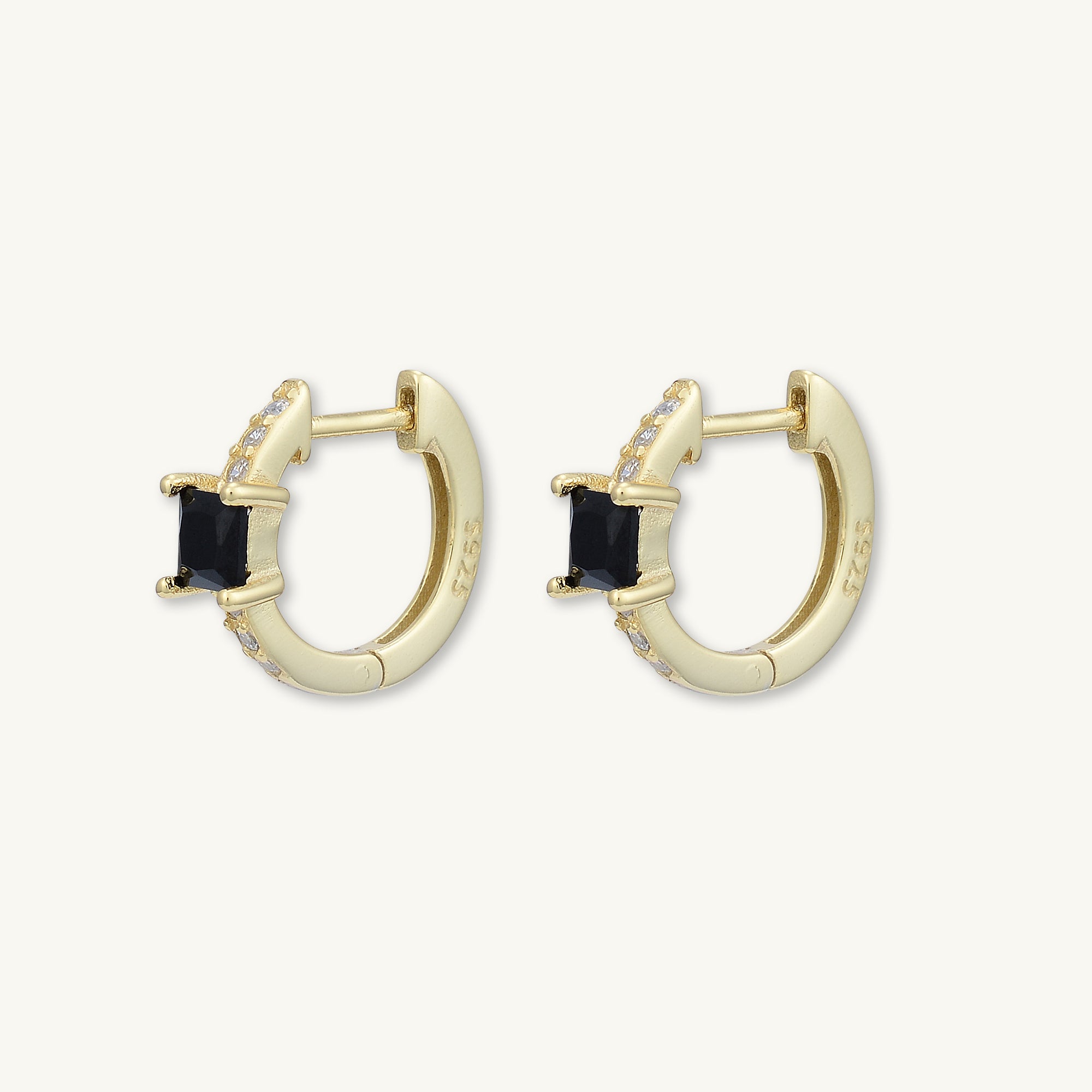 Black Square Sapphire Huggie Earrings