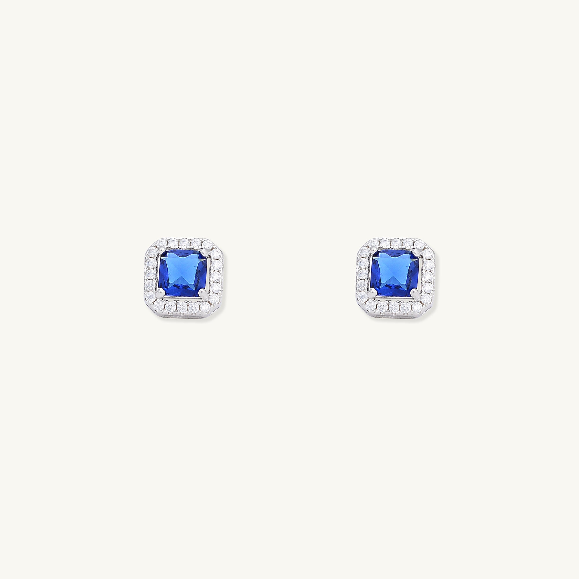 Blue Sapphire Square Pave Halo Stud Earrings