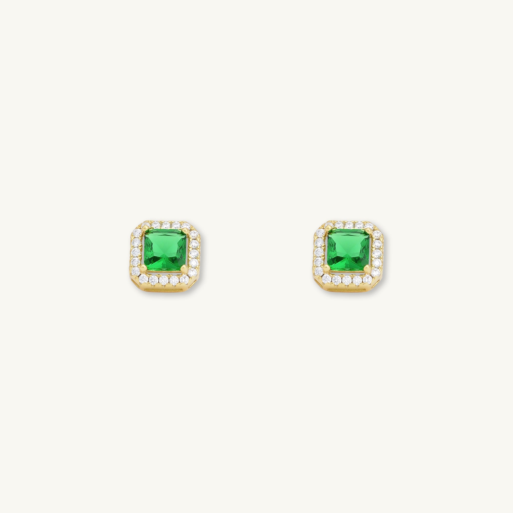 Emerald Square Pave Halo Stud Earrings