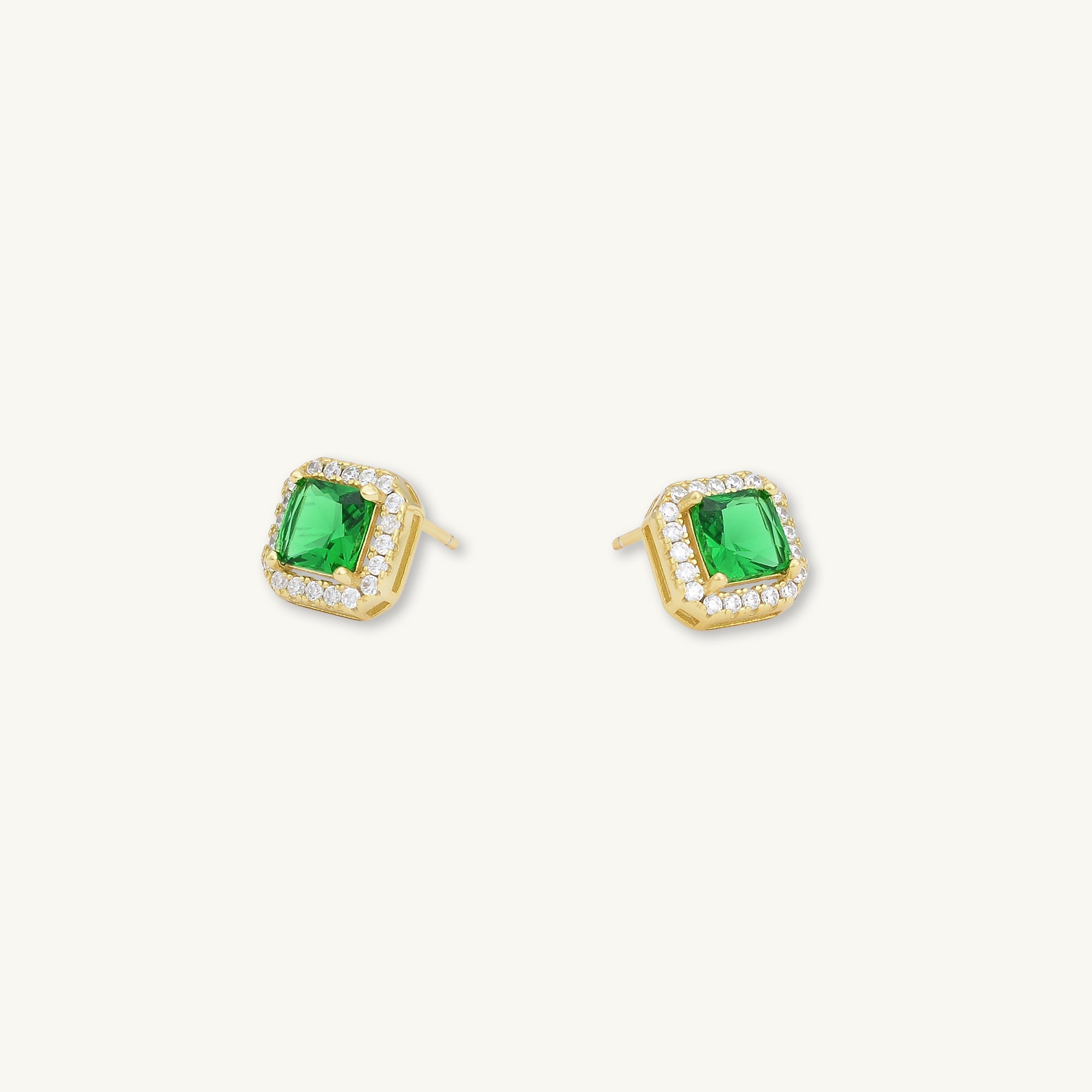 Emerald Square Pave Halo Stud Earrings