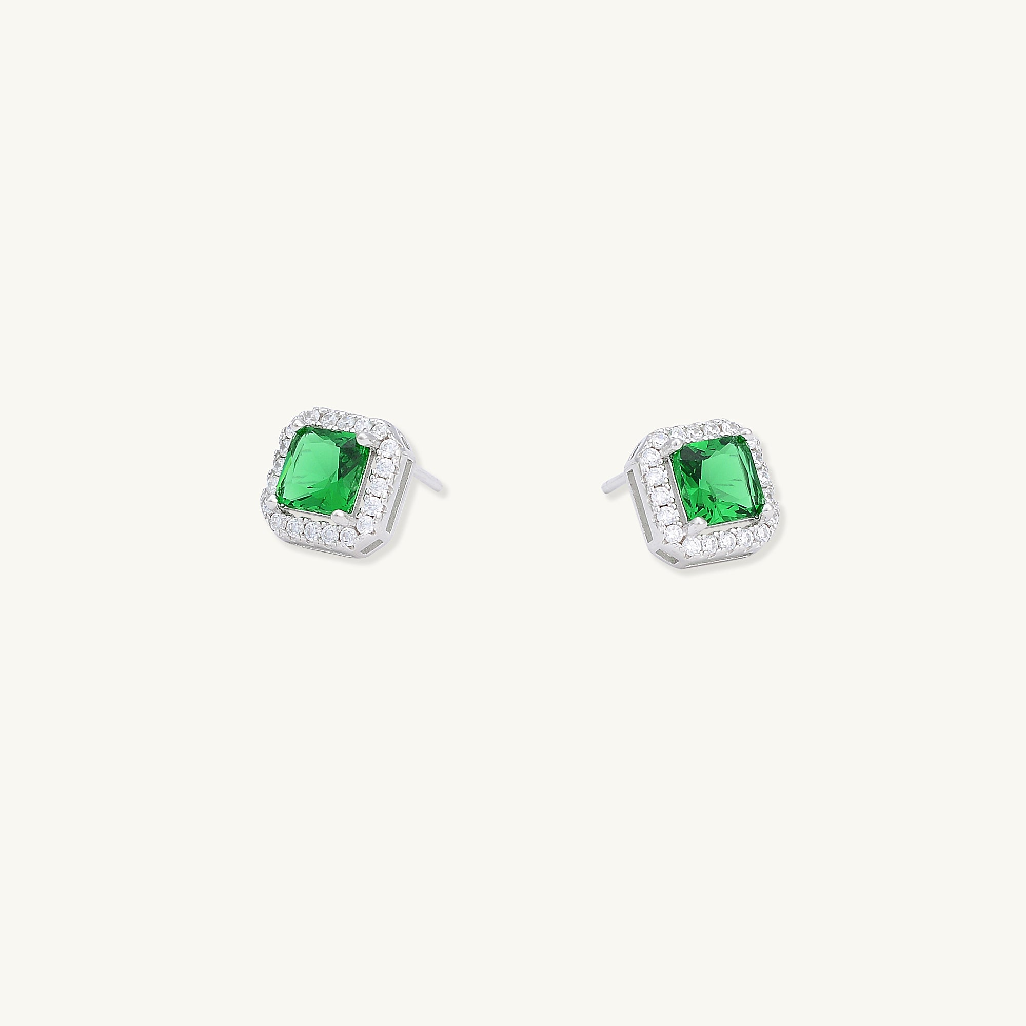 Emerald Square Pave Halo Stud Earrings