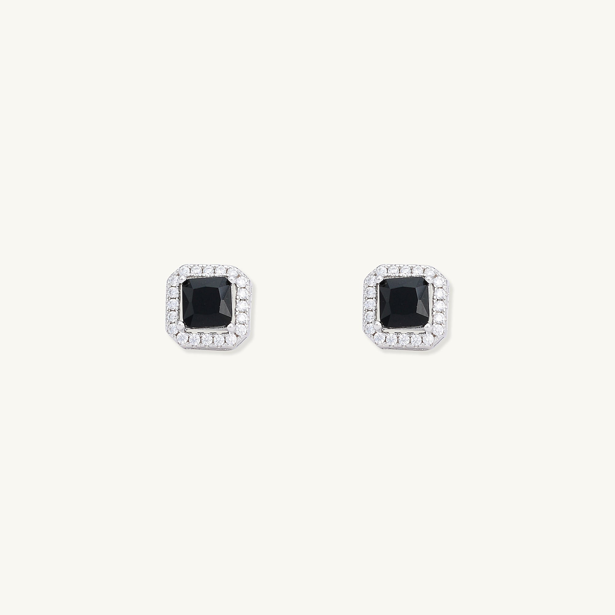 Black Square Pave Halo Stud Earrings