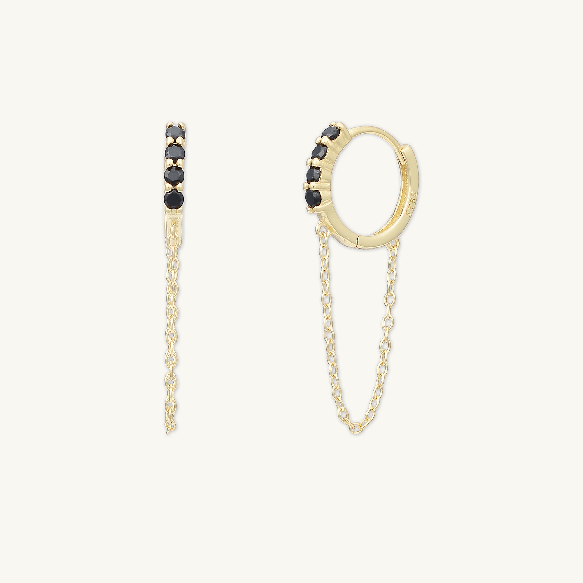 Black Sapphire Dangling Chain Huggie Earrings