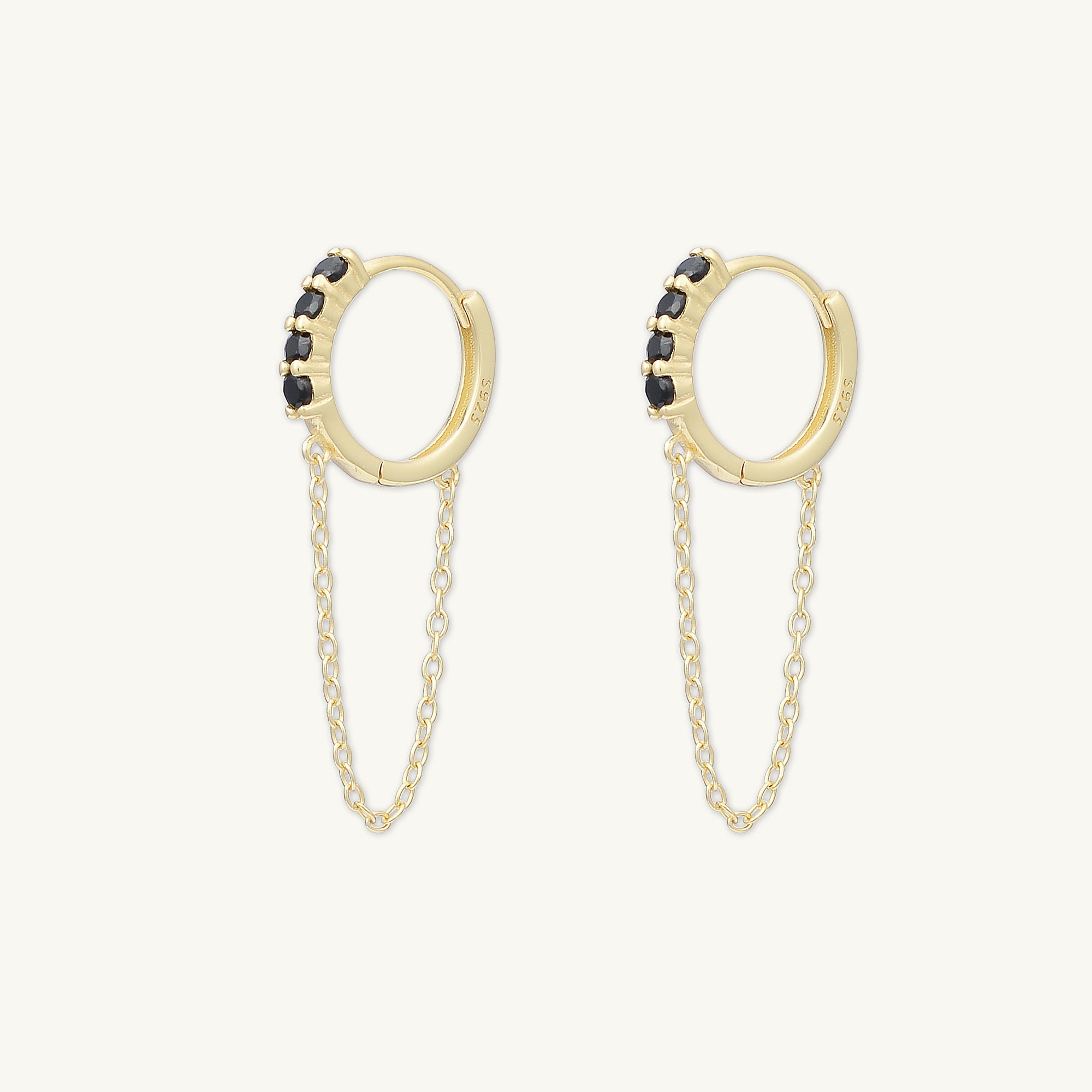Black Sapphire Dangling Chain Huggie Earrings - Camile & Stone