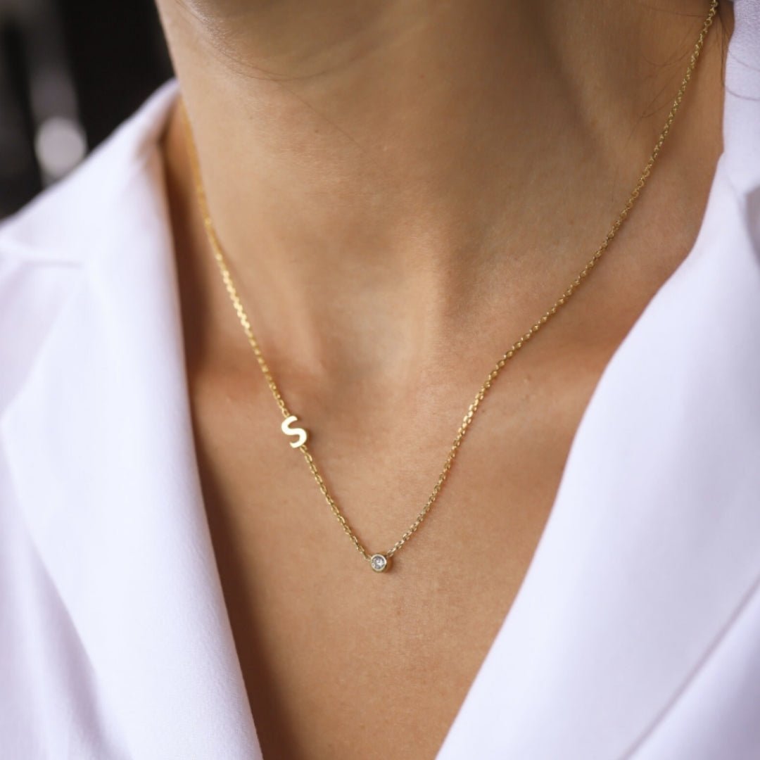 Sideways Pave Single Letter Necklace - Camile & Stone