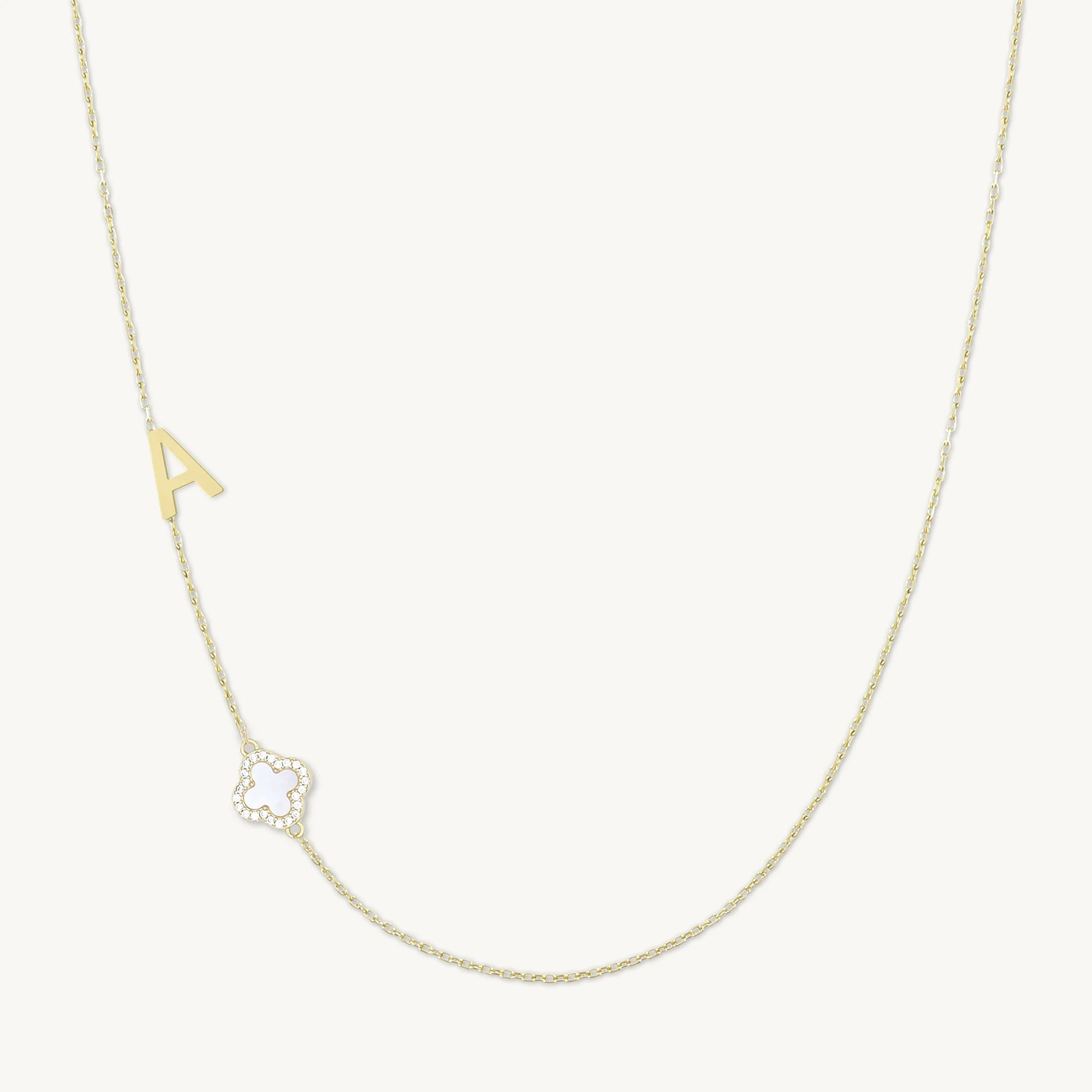 Sideways Single Initial Letter Clover MOP Necklace