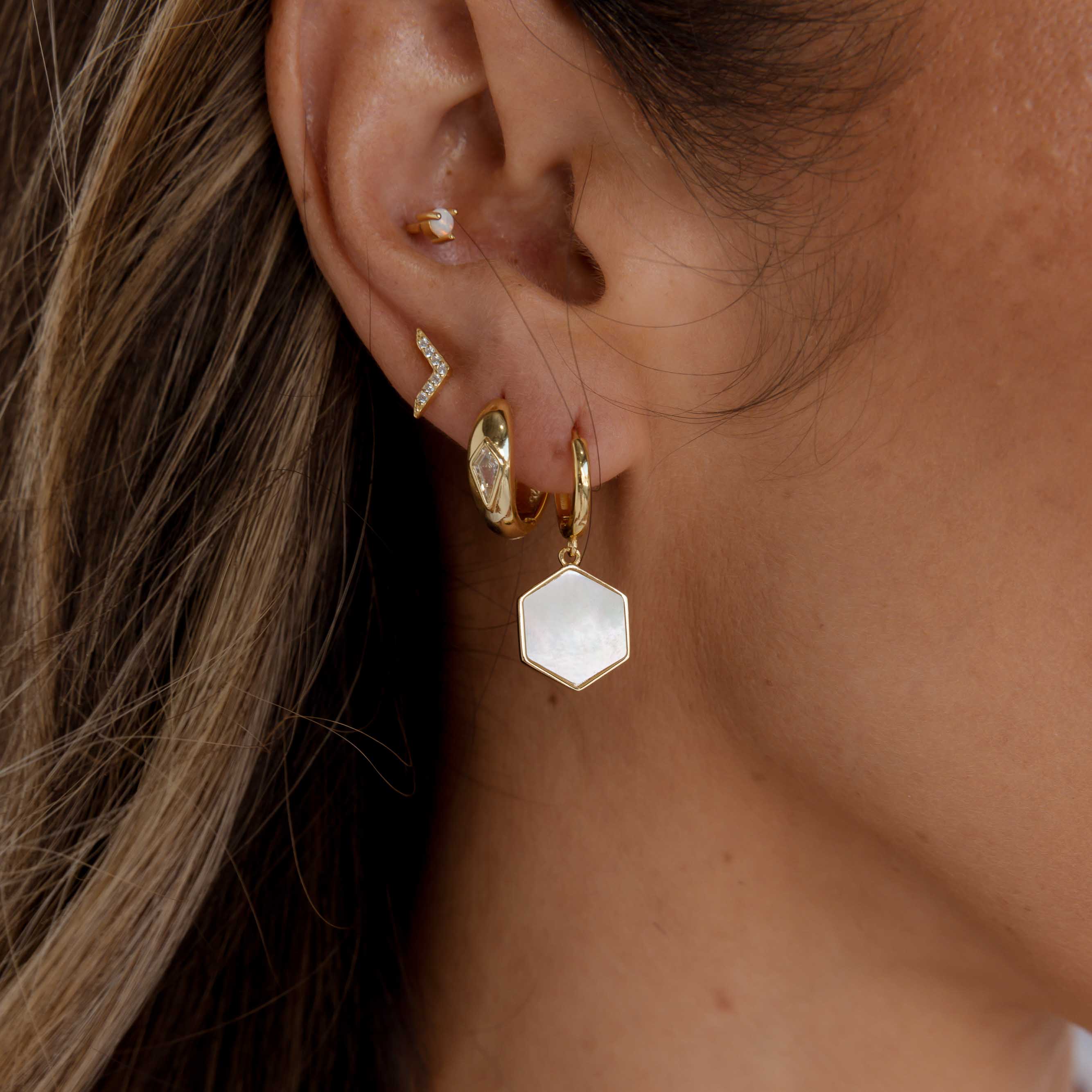 Hexagon Mother Of Pearl Huggie Earrings