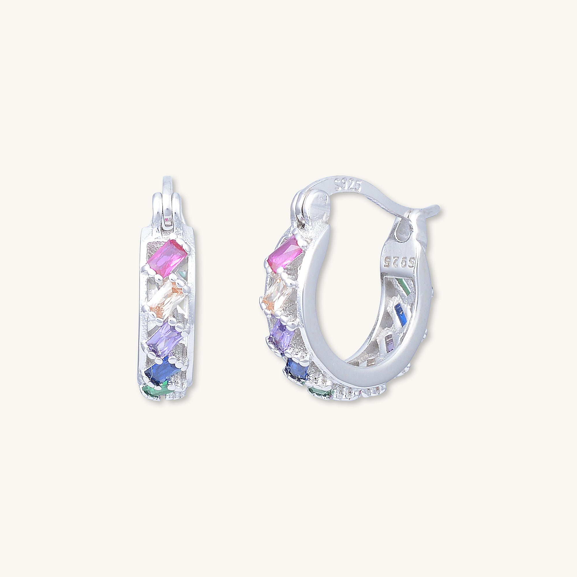 Rainbow Baguette Sapphire Hoop Earrings