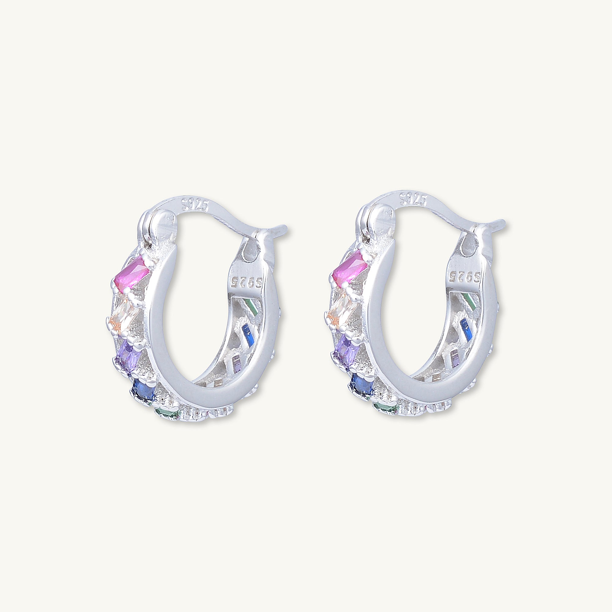 Rainbow Baguette Sapphire Hoop Earrings