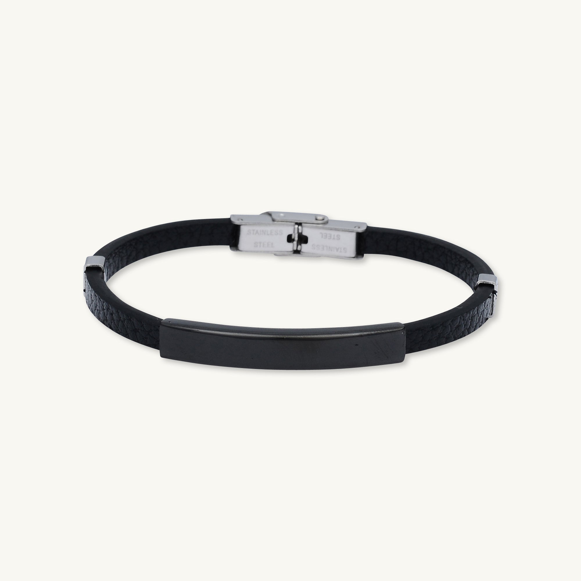 Black Leather Bar Stainless Steel Bracelet