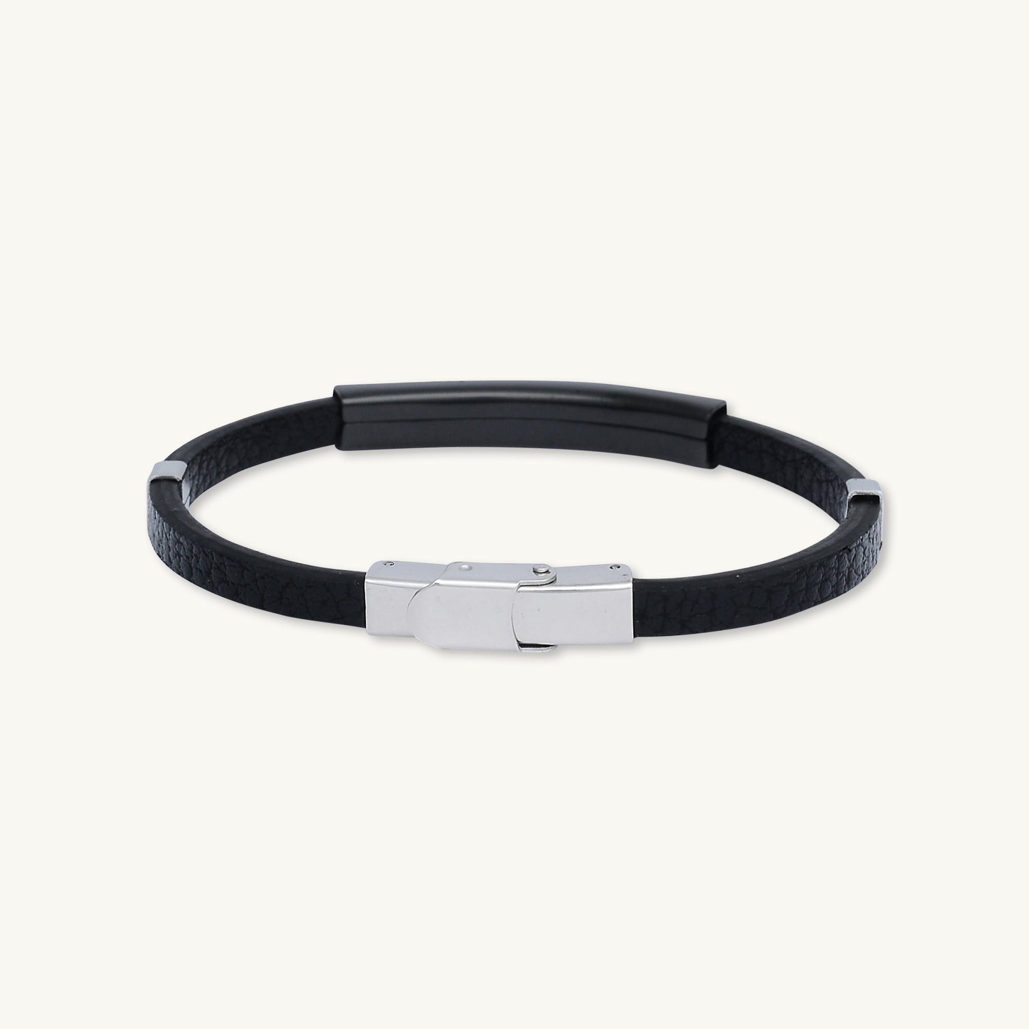 Black Leather Bar Stainless Steel Bracelet