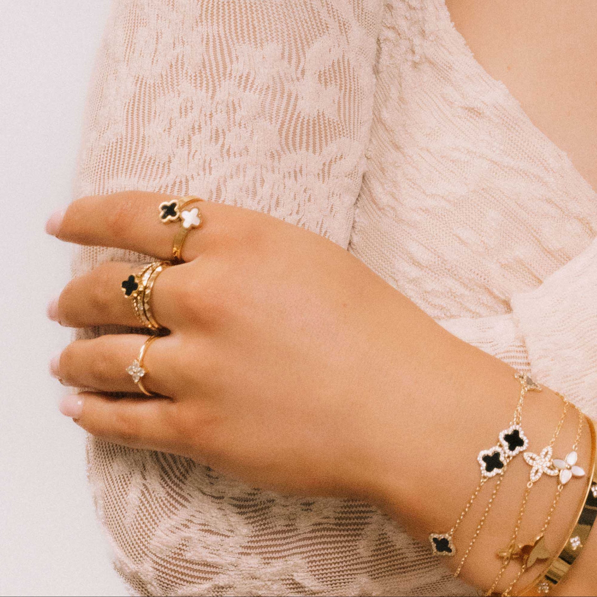 Double Clover Opal Onyx Open Ring