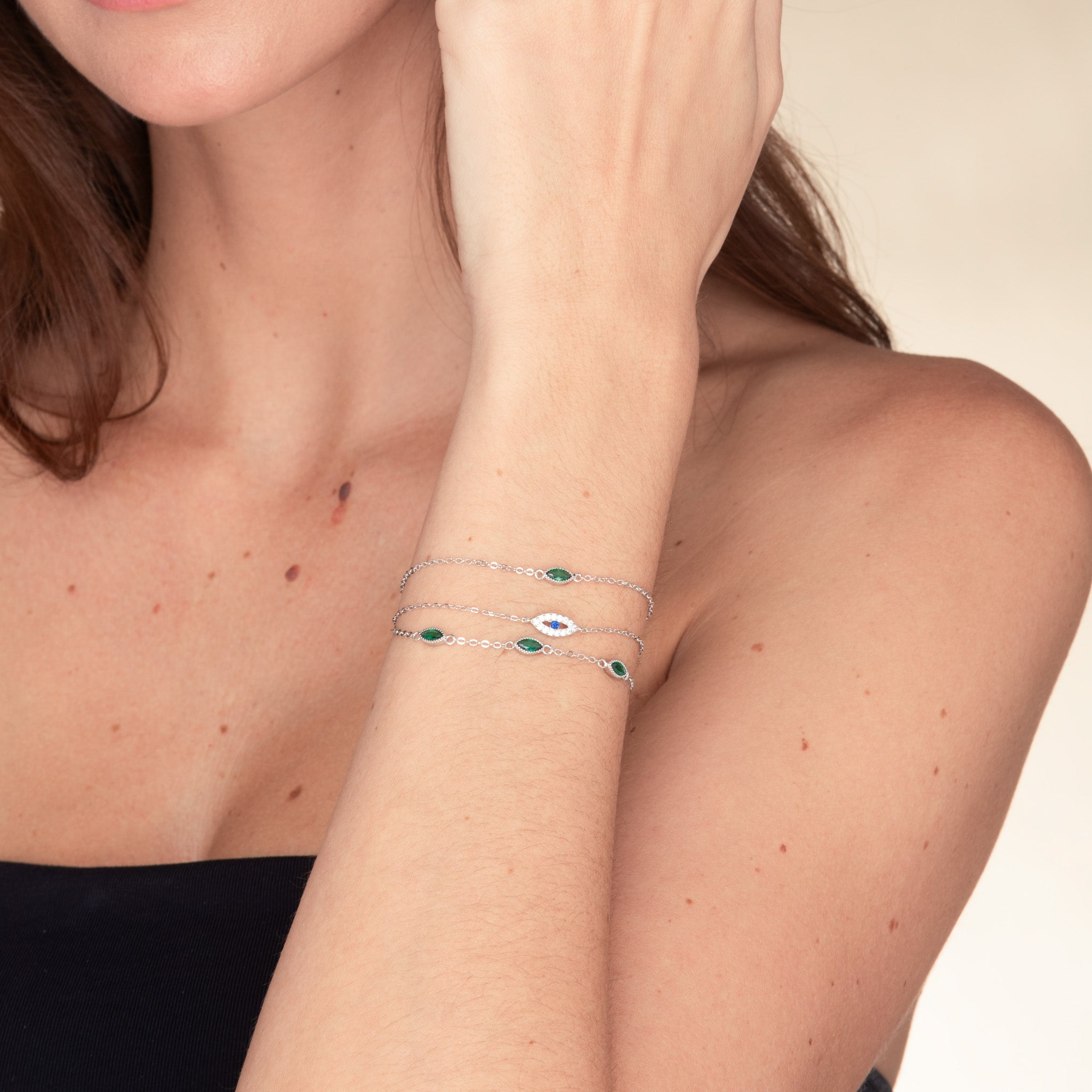 Trio Emerald Evil Eve Marquise Chain Bracelet - Camile & Stone