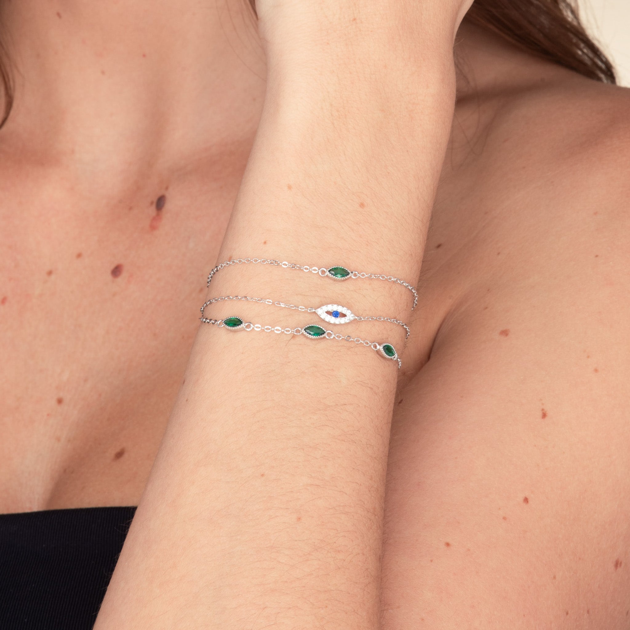 Trio Emerald Evil Eve Marquise Chain Bracelet - Camile & Stone