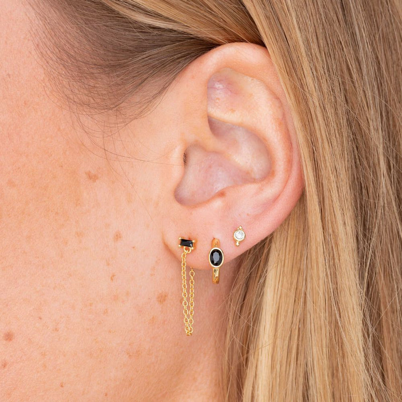 Black Baguette Chain Drop Stud Earrings