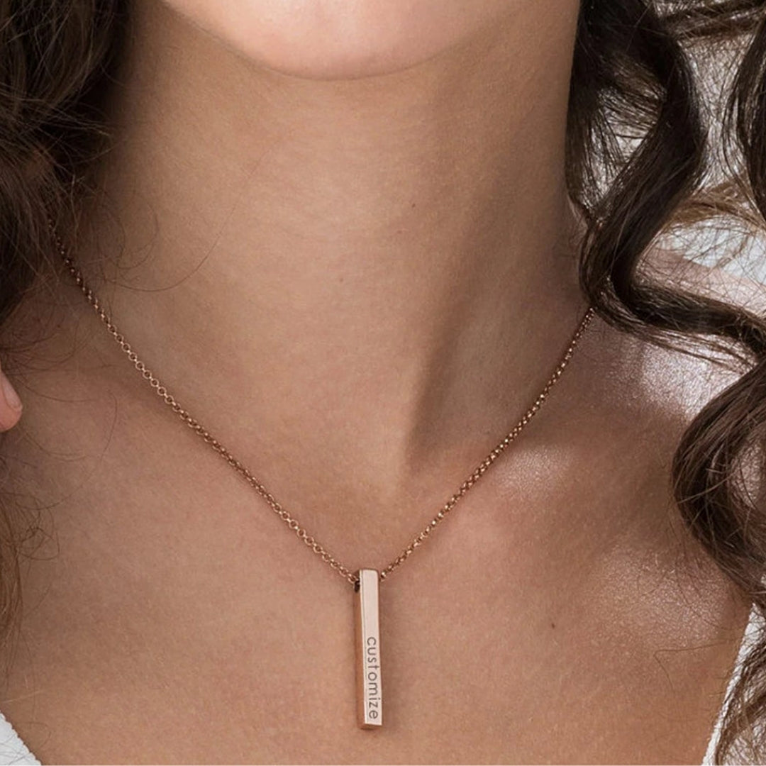 4 Sided Personalized Vertical Bar Necklace In 18k Gold Plated with Diamond  | Forever My