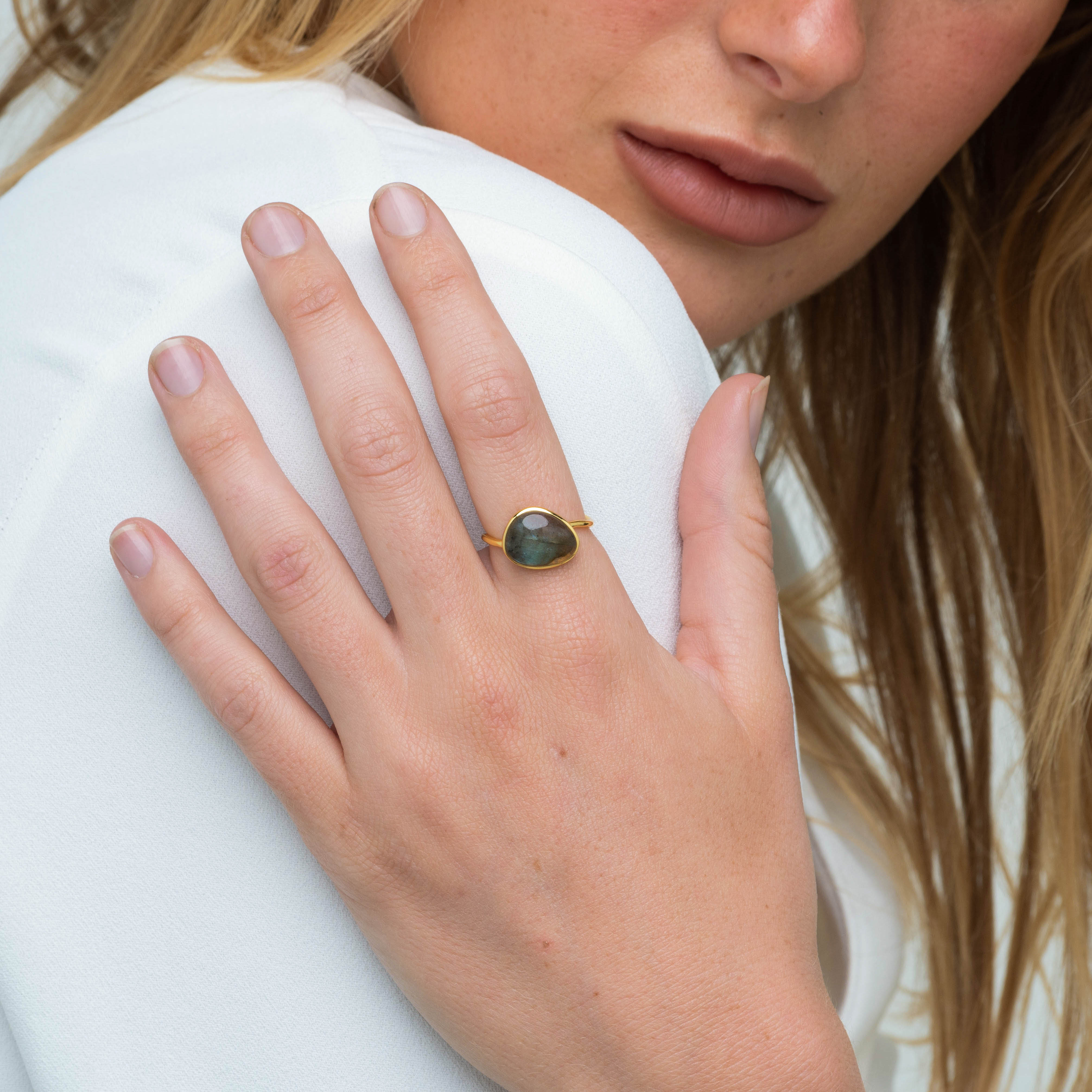 Black Moonstone Oval Statement Open Ring