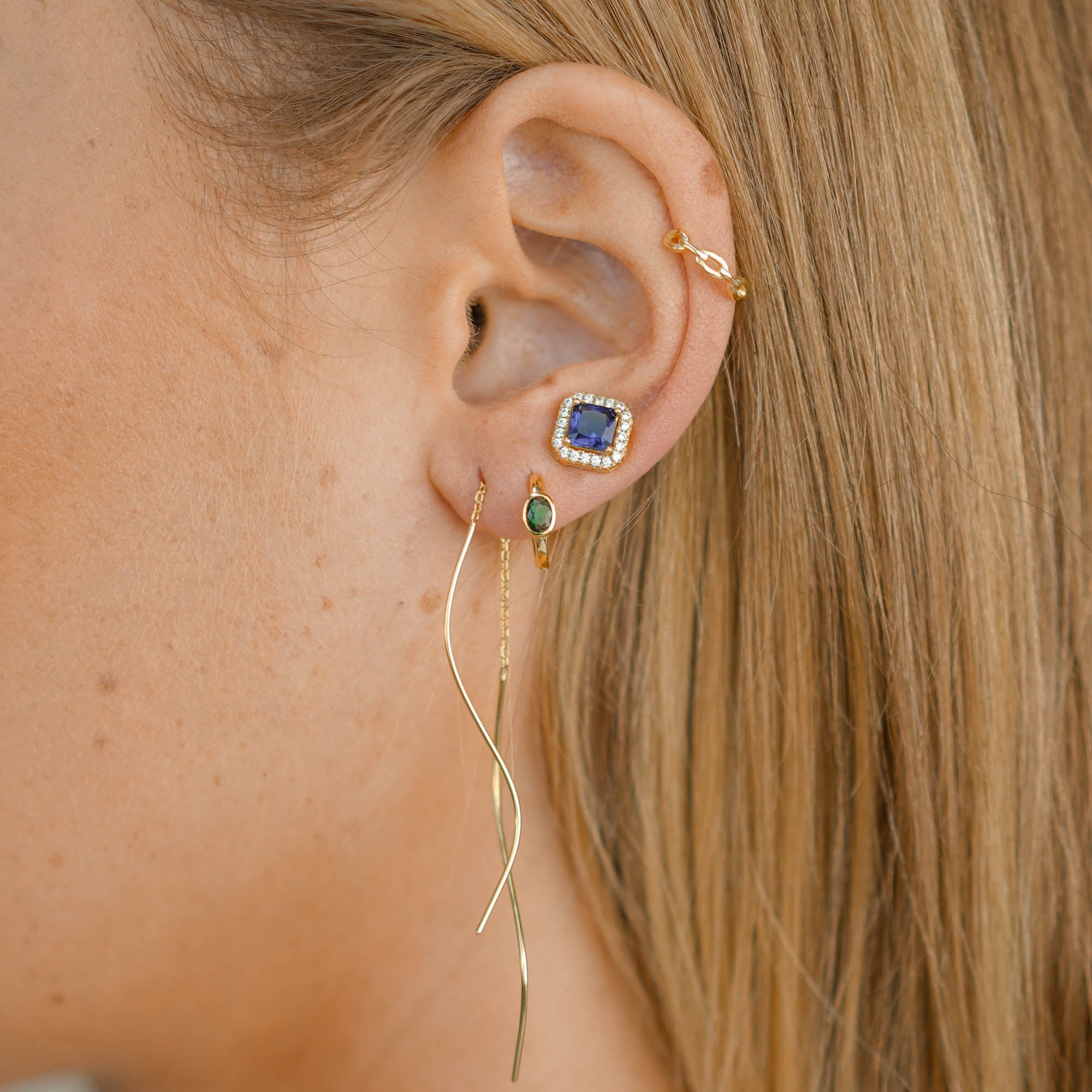 Blue Sapphire Square Pave Halo Stud Earrings