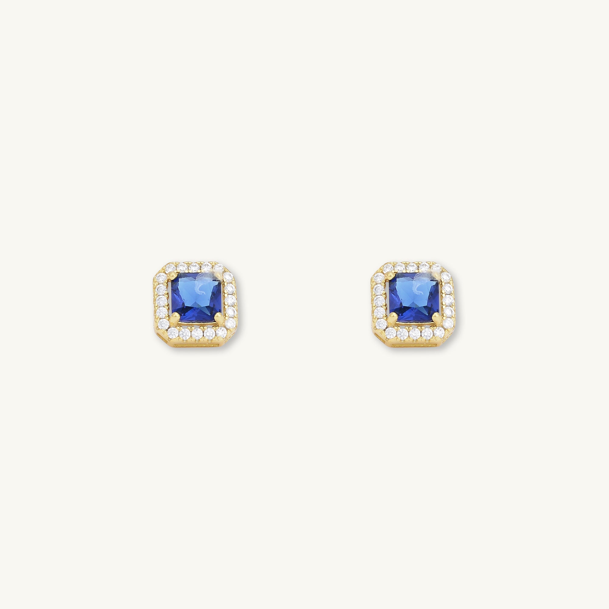 Blue Sapphire Square Pave Halo Stud Earrings