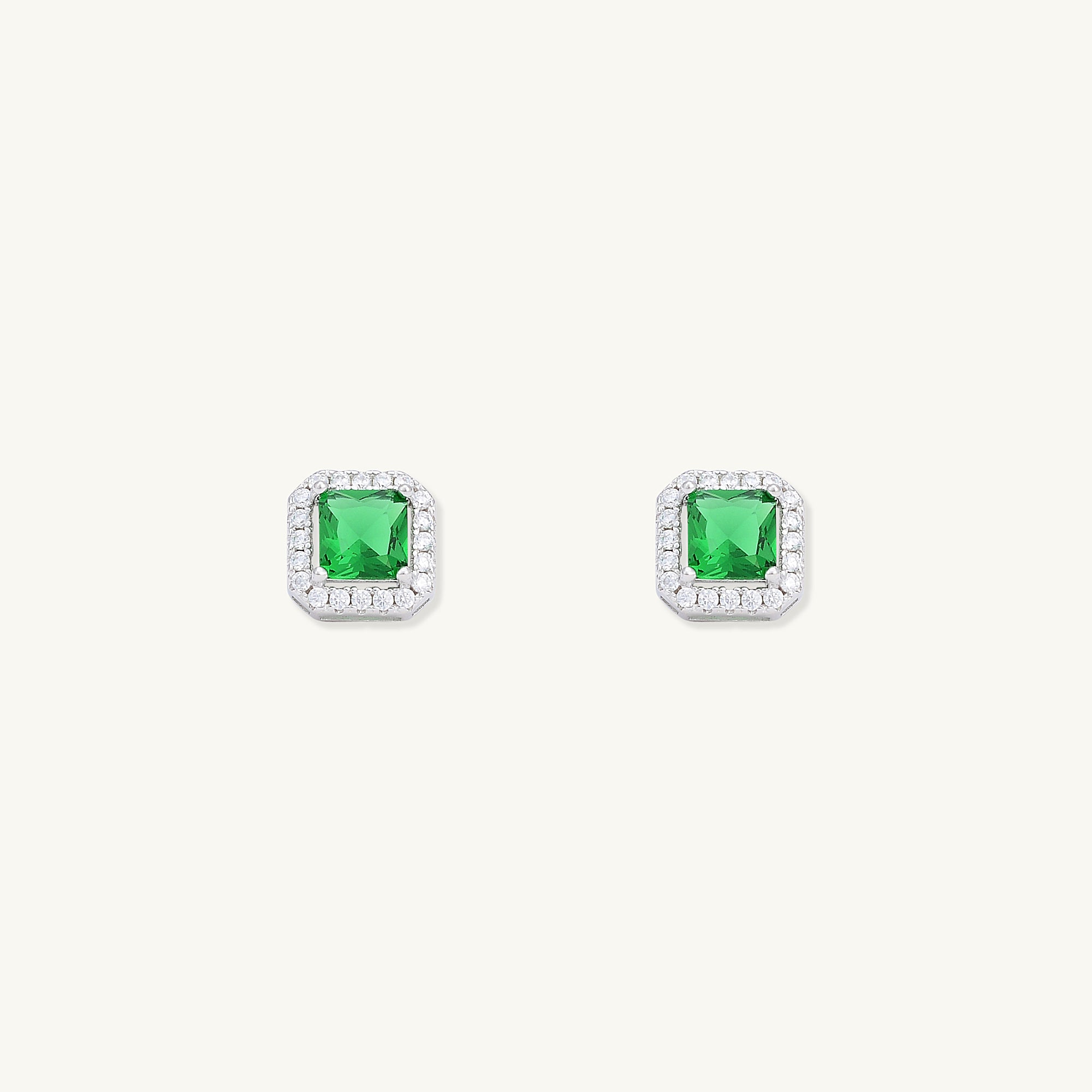 Emerald Square Pave Halo Stud Earrings