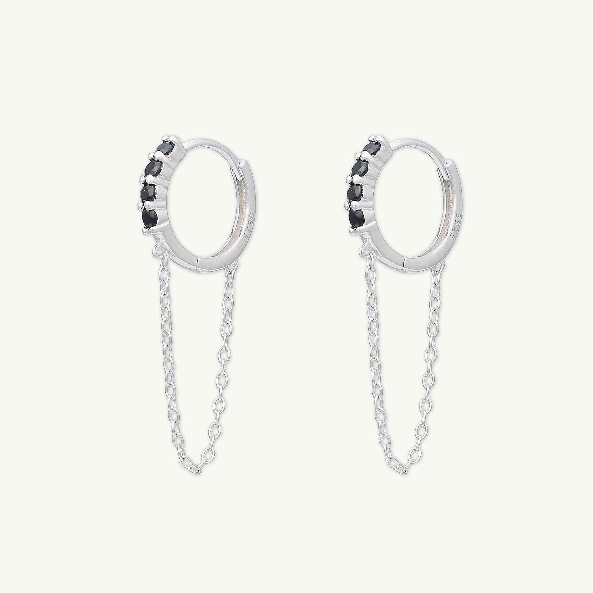 Black Sapphire Dangling Chain Huggie Earrings